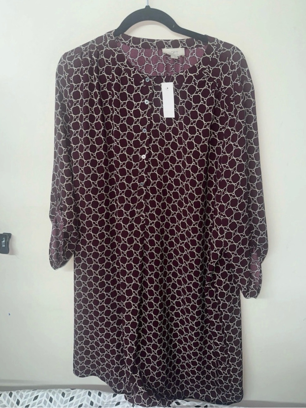 LOFT Burgundy and Cream Printed Long Sleeve Shift Dress